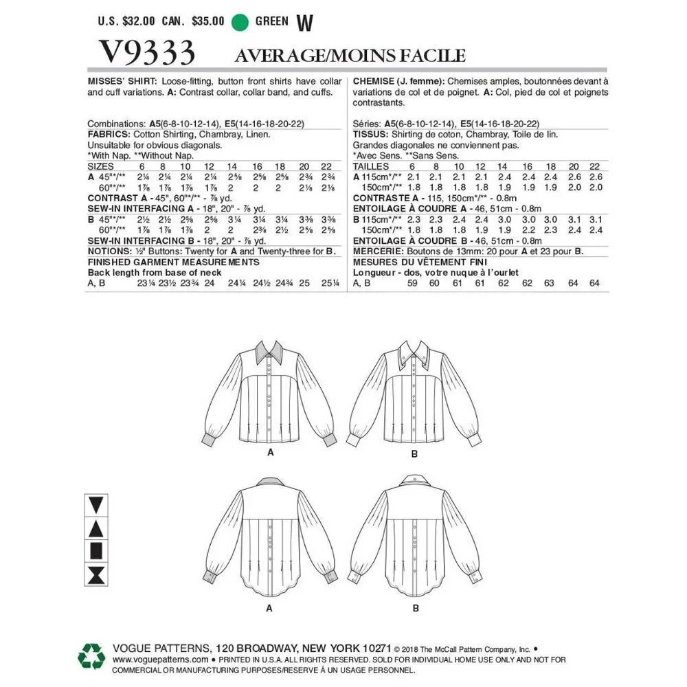 Vogue Sewing Pattern 9333 Shirt Misses Size‎ 6-14